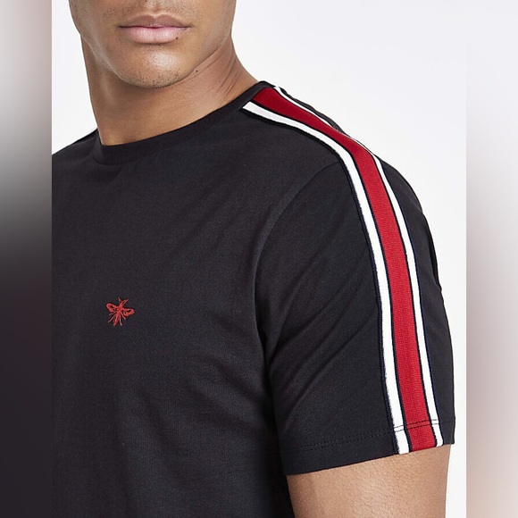River Island Men's Black Slim Fit Tape Wasp Embroidery T-Shirt - Picture 5 of 5